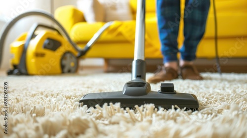 Young man hoovering carpet at home.  photo