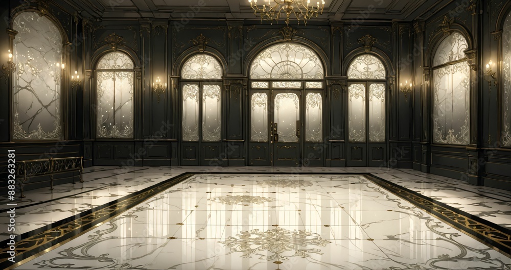 Obraz premium interior entrance door of gothic house palace castle ballroom mansion lobby. white and black art deco art nuevo dark black style with filigree ornamental floral embellishments..
