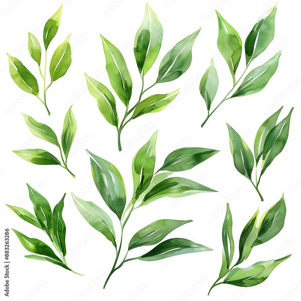 Serene Set of Watercolor Willow Leaves on White Background with Flowing Painterly Strokes Serene Set of Watercolor Willow Leaves on White Background with Flowing Painterly Strokes