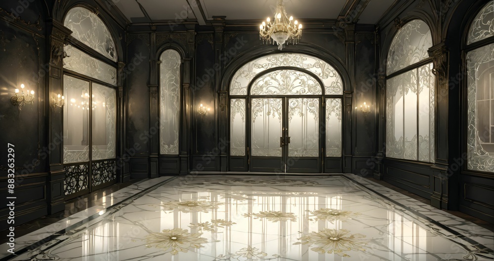 Obraz premium interior entrance door of gothic house palace castle ballroom mansion lobby. white and black art deco art nuevo dark black style with filigree ornamental floral embellishments.. 