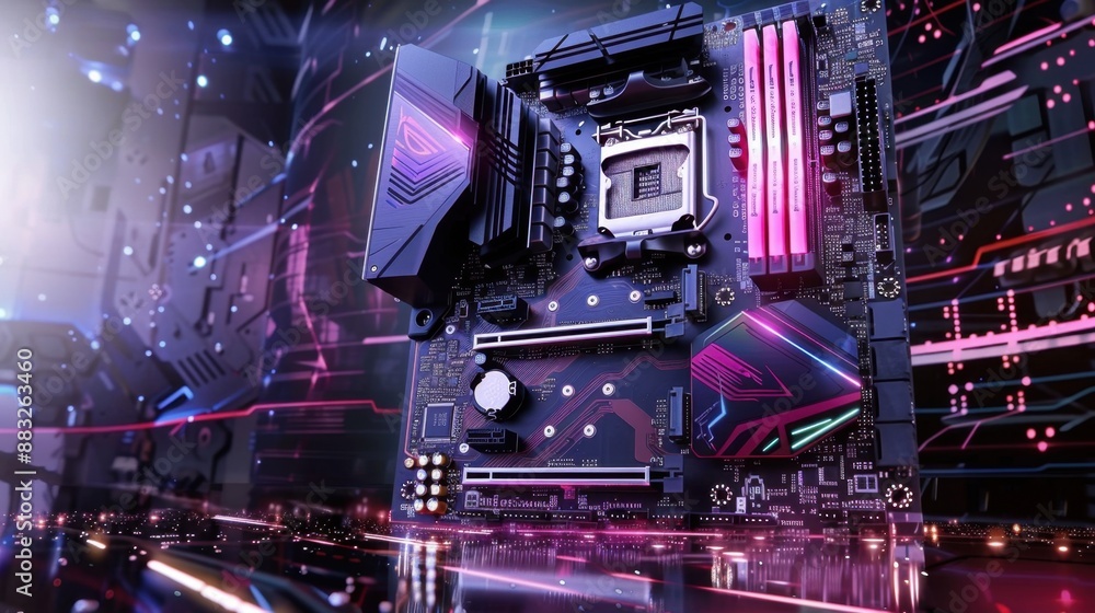 High-tech motherboard designed for advanced gaming, featuring cutting-edge technology and chipset. High-tech motherboard designed for advanced gaming, featuring cutting-edge technology and chipset.