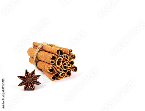 Cinnamon sticks and star anise on white background
