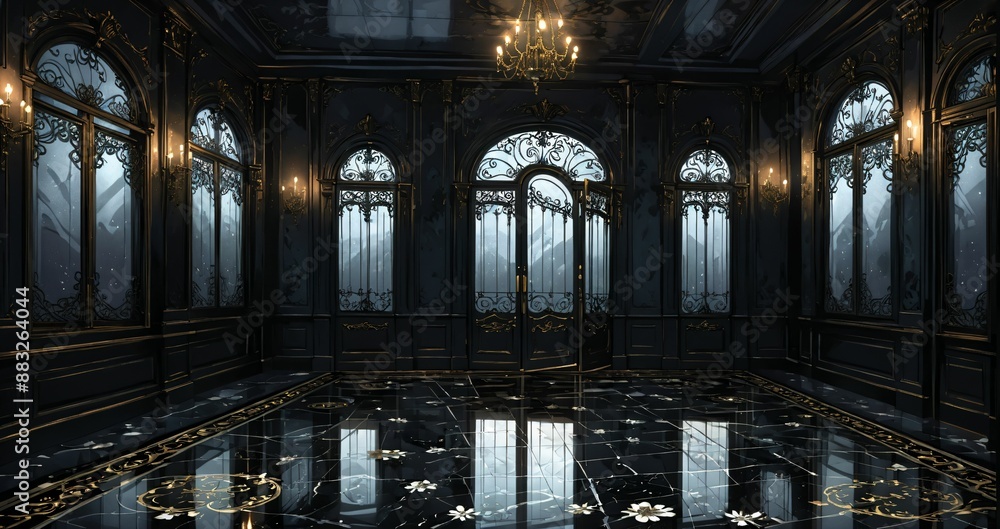 Fototapeta premium ballroom entrance door lobby interior of palace mansion castle house cathedral. dark black gothic art deco art nuevo ornamental floral embellishments.