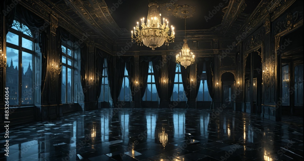 Obraz premium black ballroom room interior of mansion castle palace at night. dark gothic art deco cathedral monastery living room with city view from windows.