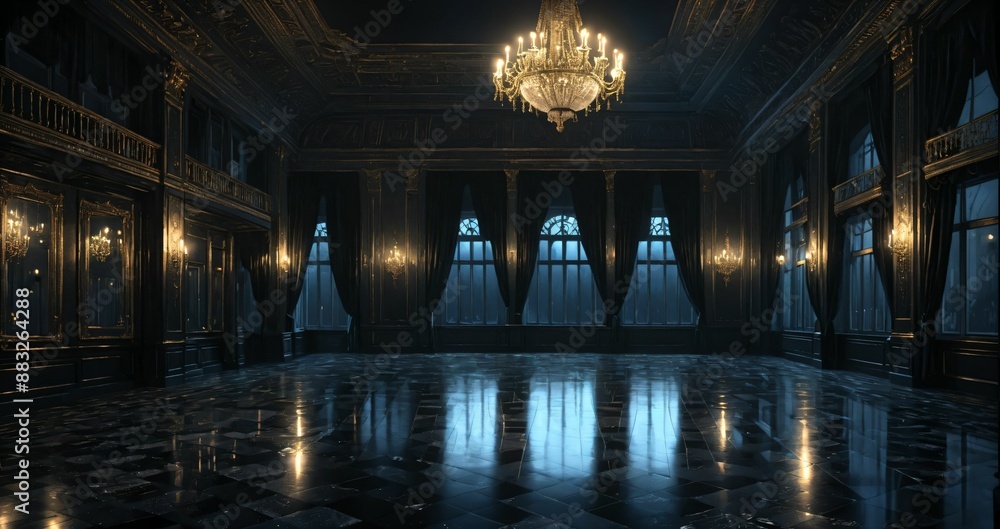 black ballroom room interior of mansion castle palace at night. dark gothic art deco cathedral monastery living room with city view from windows. black ballroom room interior of mansion castle palace at night. dark gothic art deco cathedral monastery living room with city view from windows.
