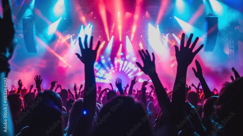 Silhouettes of people with hands raised, enjoying an incredible music performance under vibrant lighting. Silhouettes of people with hands raised, enjoying an incredible music performance under vibrant lighting.