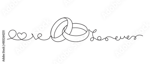 Wedding ring line art drawing symbol.  One line art of wedding ring pair with  love for ever on white back ground. Symbol of marriage. . Hand drawn vector illustration.
