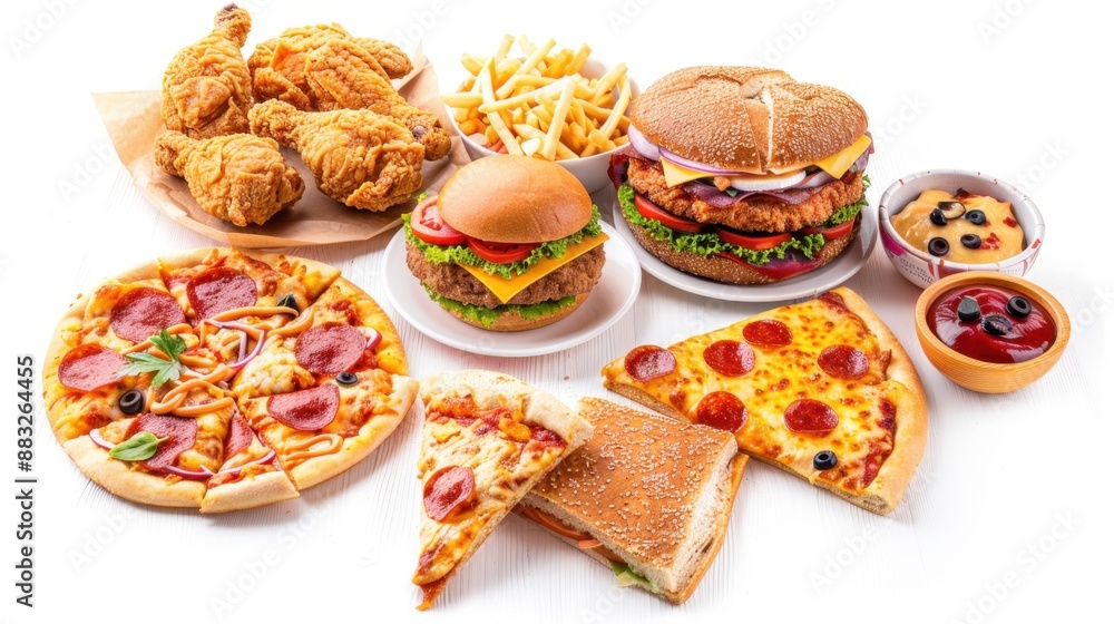 Comprehensive set of various fast foods including fried chicken, pizza, and sandwiches, all isolated on a white background. Comprehensive set of various fast foods including fried chicken, pizza, and sandwiches, all isolated on a white background.