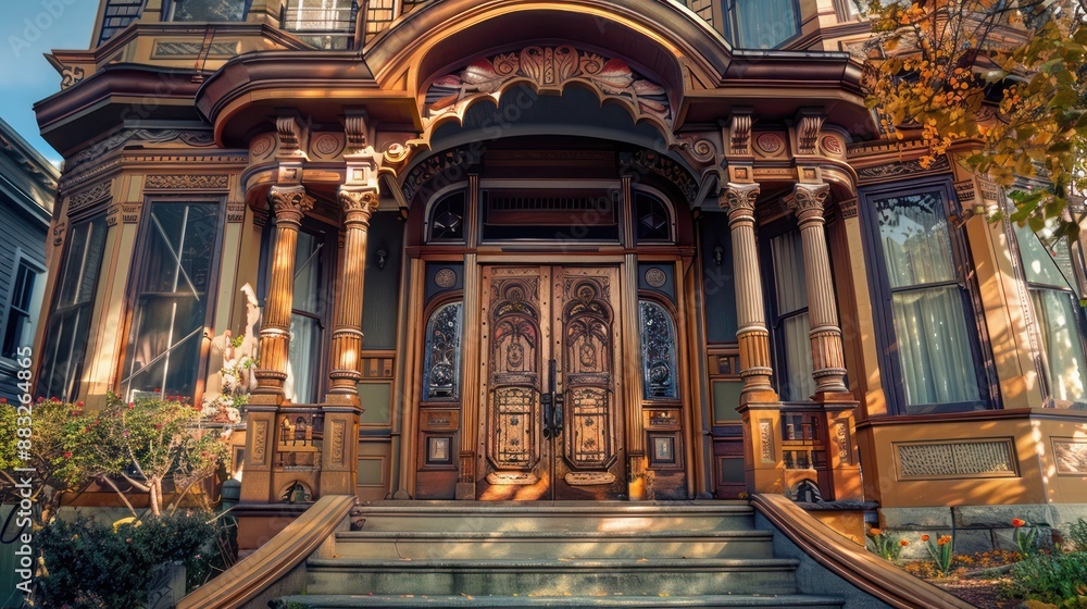 Fototapeta premium Suburban Victorian home with an elaborately carved wooden front door, each detail signifying a different aspect of the homea??s history