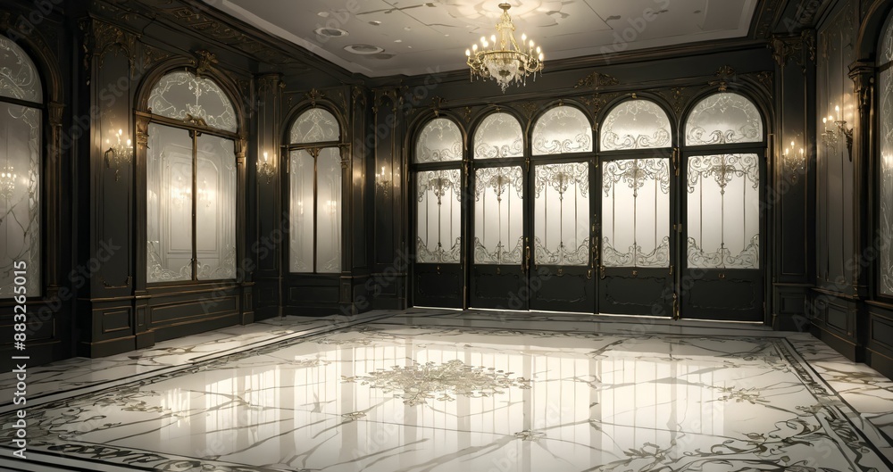 Obraz premium interior entrance door of gothic house palace castle ballroom mansion lobby. white and black art deco art nuevo dark black style with filigree ornamental floral embellishments.. 