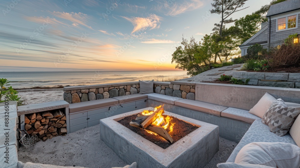 Fototapeta premium Suburban Cape Cod home's beachfront fire pit area, with comfortable seating and built-in storage for firewood and beach blankets