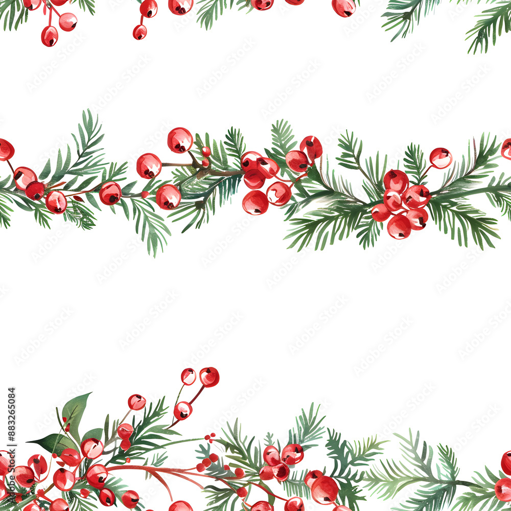 Watercolor christmas seamless pattern with red berries and spruce branches Watercolor christmas seamless pattern with red berries and spruce branches