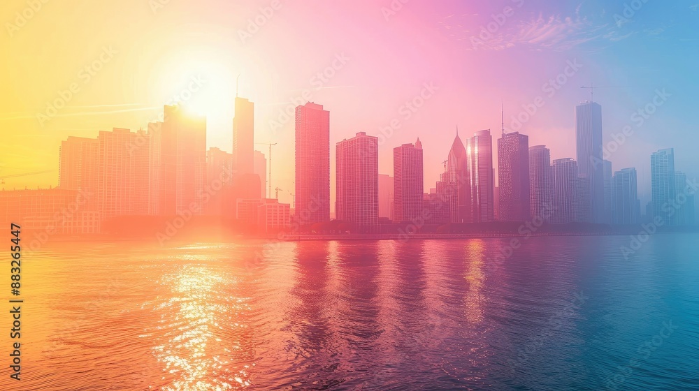 Sunny day illuminating colorful city skyline Sunny day illuminating colorful city skyline