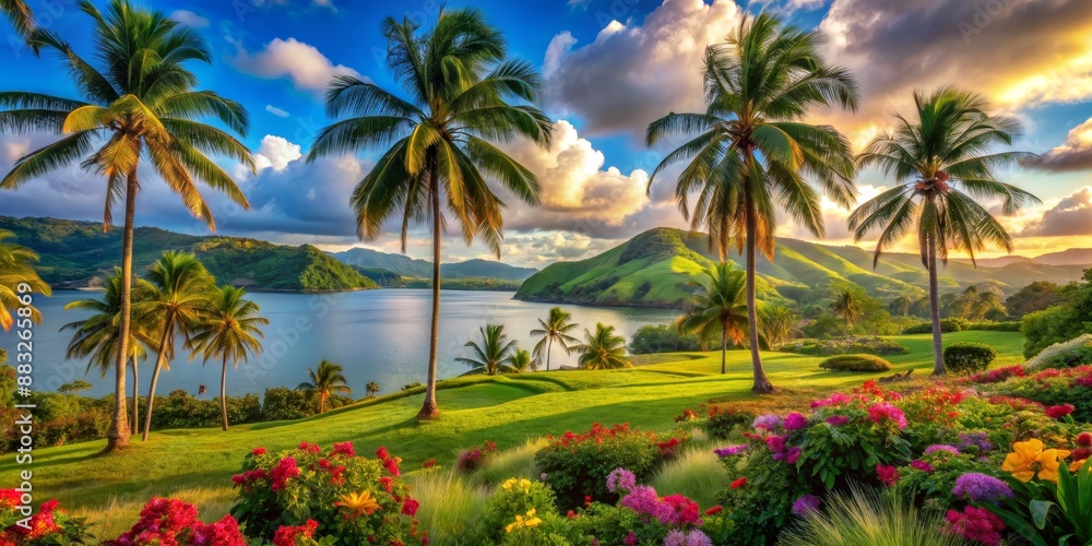 Palm Trees and Sunset over the Bay, Digital Painting, Tropical Landscape, Lush Green Hills, Colorful Flowers, palm trees , sunset Palm Trees and Sunset over the Bay, Digital Painting, Tropical Landscape, Lush Green Hills, Colorful Flowers, palm trees , sunset