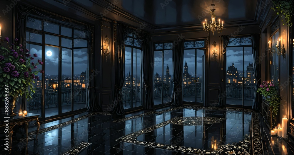 patio terrace balcony of palace mansion house at night. flowers, candles, and floral embellishments of black gothic art deco porch with tall windows and city view. patio terrace balcony of palace mansion house at night. flowers, candles, and floral embellishments of black gothic art deco porch with tall windows and city view.