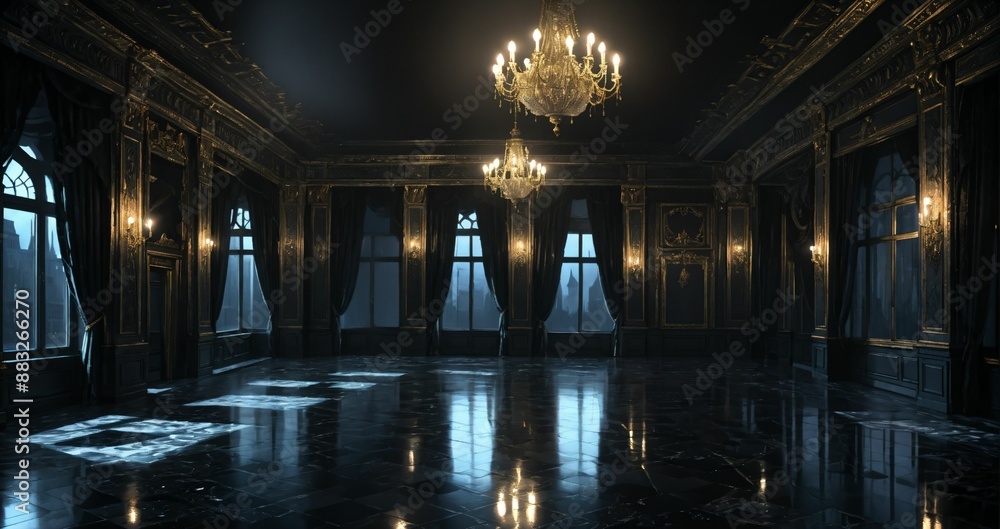 black ballroom room interior of mansion castle palace at night. dark gothic art deco cathedral monastery living room with city view from windows. black ballroom room interior of mansion castle palace at night. dark gothic art deco cathedral monastery living room with city view from windows.