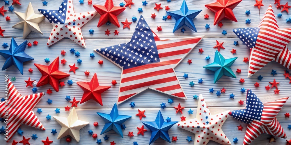 Obraz premium Patriotic Star-Spangled Celebration American Flag Stars on Blue Wood, 4th of July, Independence Day, USA, Patriotic