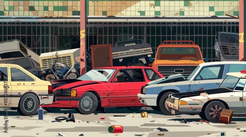 A bunch of old cars are piled up in a junkyard