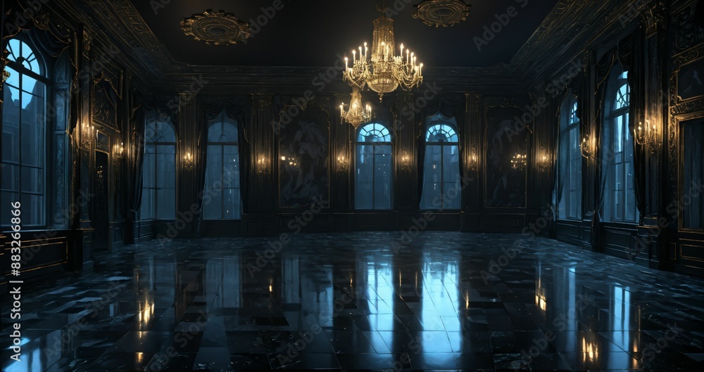Obraz premium black ballroom room interior of mansion castle palace at night. dark gothic art deco cathedral monastery living room with city view from windows.