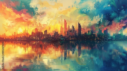 Sunny day illuminating colorful city skyline