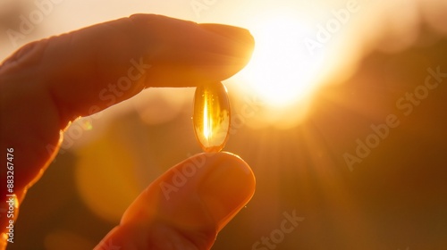 Close-up of a hand holding a vitamin D capsule against a sunlit background, highlighting the golden glow and warmth of the scene