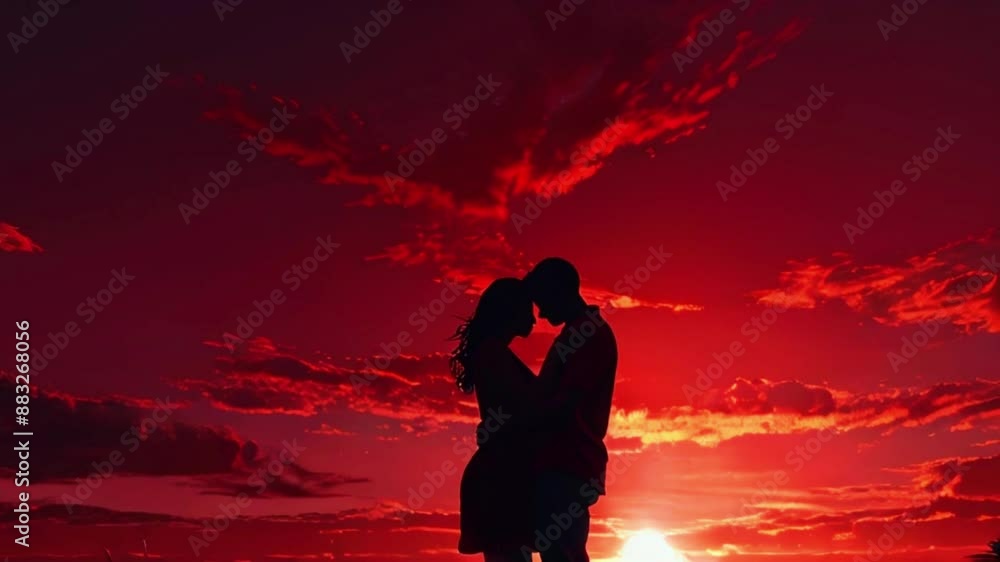 Lofi Silhouettes of a couple embracing in front of a glowing red sunset, with the sky transitioning through various shades of red and pink, 4K wallpaper animation video Lofi Silhouettes of a couple embracing in front of a glowing red sunset, with the sky transitioning through various shades of red and pink, 4K wallpaper animation video