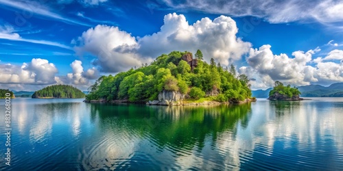 Serene Island Reflections A Panoramic View of a Lush Island with Majestic Clouds, Blue Sky, and a Still Lake, lake, island, nature, sky