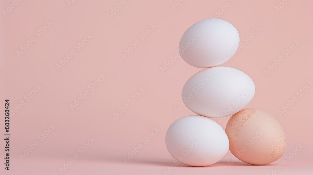 A simple display with chicken eggs set against a soft-colored background A simple display with chicken eggs set against a soft-colored background
