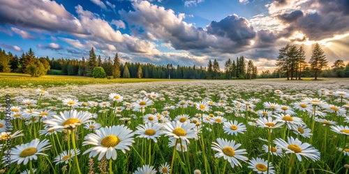 Sunbeams Through a Field of Daisies,  Wide Angle,  Green Field,  White Flowers,  Blue Sky,  Forest Background,  Sunlight photo