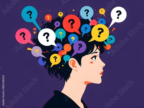 Silhouette vector illustration of a head full of speech bubbles, exclamation and question marks, mental health, anxiety, overthinking concept. Generative AI.