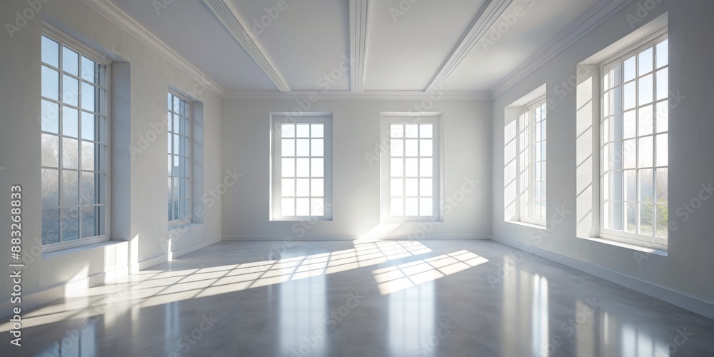 Sunlight Streaming Through Windows in a White Room, 3D Rendering, Interior Design, Minimalist, Light , interior design , 3D rendering Sunlight Streaming Through Windows in a White Room, 3D Rendering, Interior Design, Minimalist, Light , interior design , 3D rendering