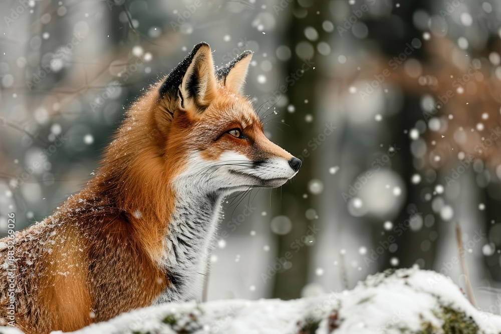 majestic red fox in a snowcovered forest its vibrant fur contrasting against the stark white landscape alert eyes gleaming with intelligence majestic red fox in a snowcovered forest its vibrant fur contrasting against the stark white landscape alert eyes gleaming with intelligence