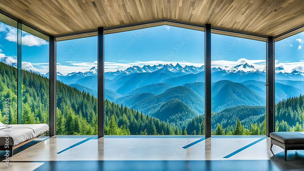 Fototapeta premium Modern bedroom with stunning mountain view.