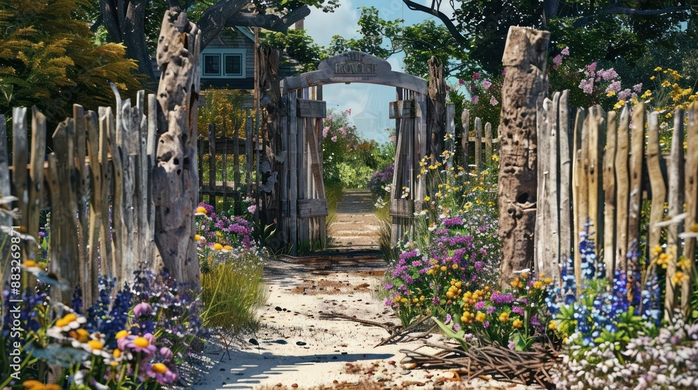Suburban Cape Cod home's front gate, crafted from weathered driftwood and flanked by wildflowers, creating a welcoming entry point Suburban Cape Cod home's front gate, crafted from weathered driftwood and flanked by wildflowers, creating a welcoming entry point