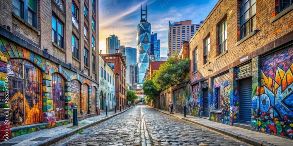 Fototapeta premium Urban Alleyway with Skyscraper View, Cobblestone Street, Graffiti Art, Cityscape, Architecture , urban , alleyway
