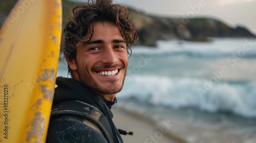 Portrait of young man with a surfboard at the beach, smiling brightly, capturing the joy and excitement of surfing and beach life.