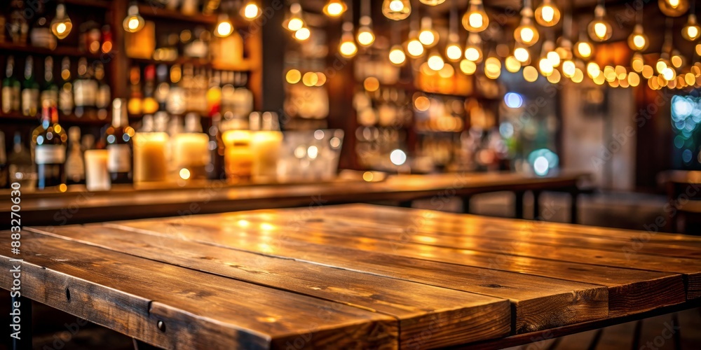 Warm Wood Tabletop with Blurred Bar Background, warm lighting, rustic, bar counter, product placement , bar , pub Warm Wood Tabletop with Blurred Bar Background, warm lighting, rustic, bar counter, product placement , bar , pub