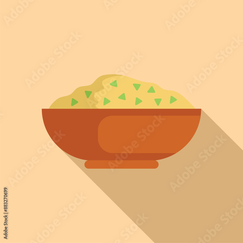Big brown bowl is overflowing with delicious pilaf rice topped with green herbs