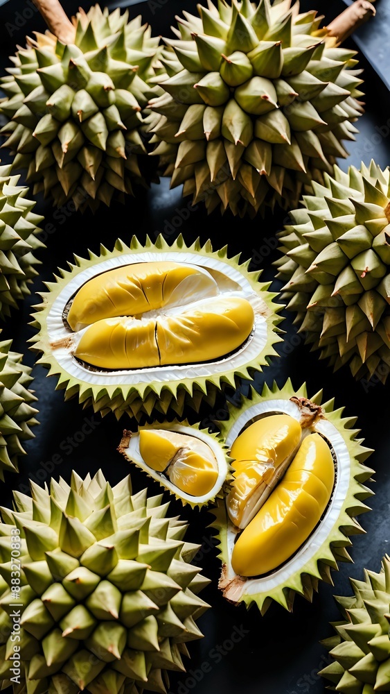 Close-up of durian fruit with spiky outer shell and yellow flesh. Close-up of durian fruit with spiky outer shell and yellow flesh.