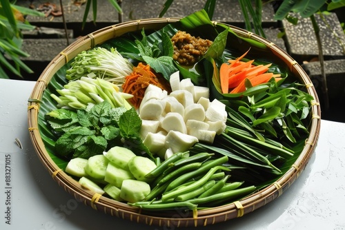 Ulam mahu awet muda food of banana heart, peanut butter, japanese cucumber, petai, sink, pegaga,boiled okra, selom. potato sprouts, kaduk, jingling, eggplant, frog fairy, bamboo shoots tray photo