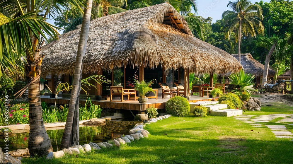 A thatched roof bungalow with coconut trees and green grass A thatched roof bungalow with coconut trees and green grass