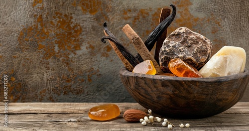 Wooden bowl filled with various natural ingredients, such as pieces of amber, vanilla pods, cinnamon sticks, rock sugar, and other aromatic spices, placed on a wooden surface- AI Generated Digital Art