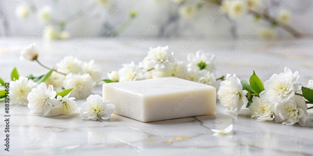 White Soap Bar with White Flowers on Marble Surface, soap , flowers , marble , fragrance White Soap Bar with White Flowers on Marble Surface, soap , flowers , marble , fragrance