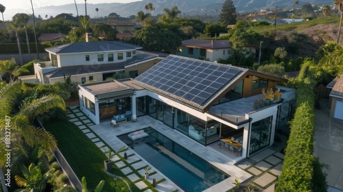 Solar panels on the roof of a beautiful modern home. Renewable energy for the home concept © Yeivaz