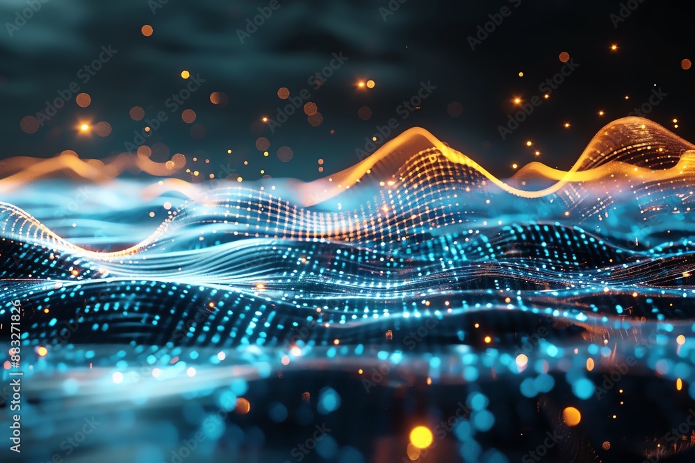 custom made wallpaper toronto digitalAbstract digital landscape in blue with glowing particles against a dark background, showcasing a futuristic technology concept