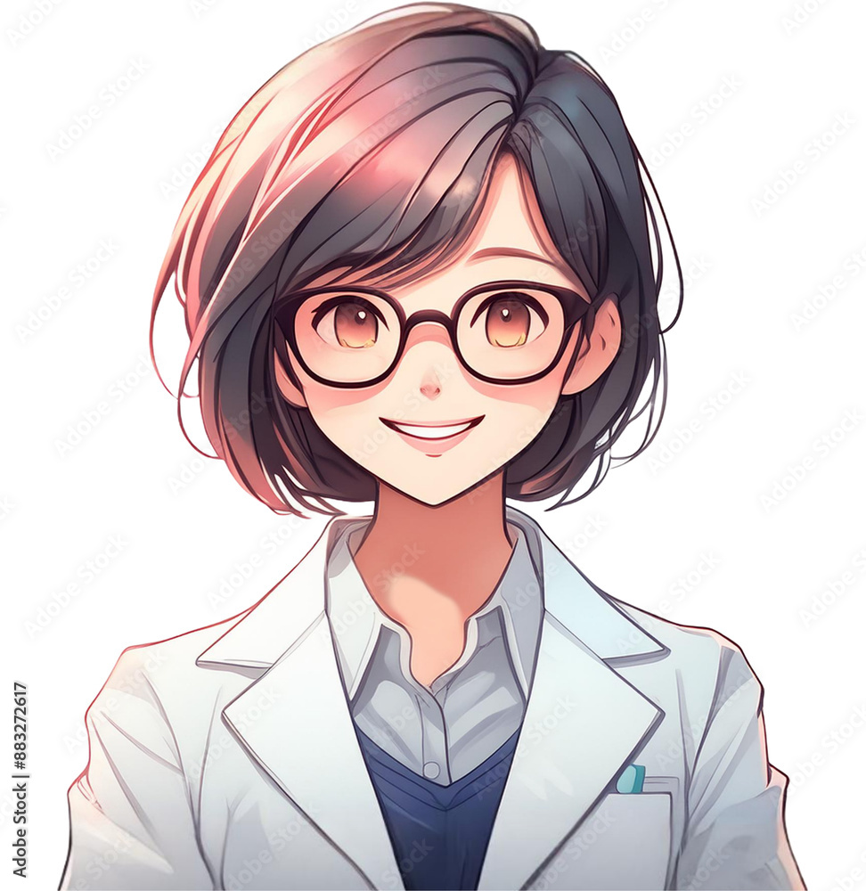 A female researcher with short hair wearing a white coat.The background is transparent. A female researcher with short hair wearing a white coat.The background is transparent.