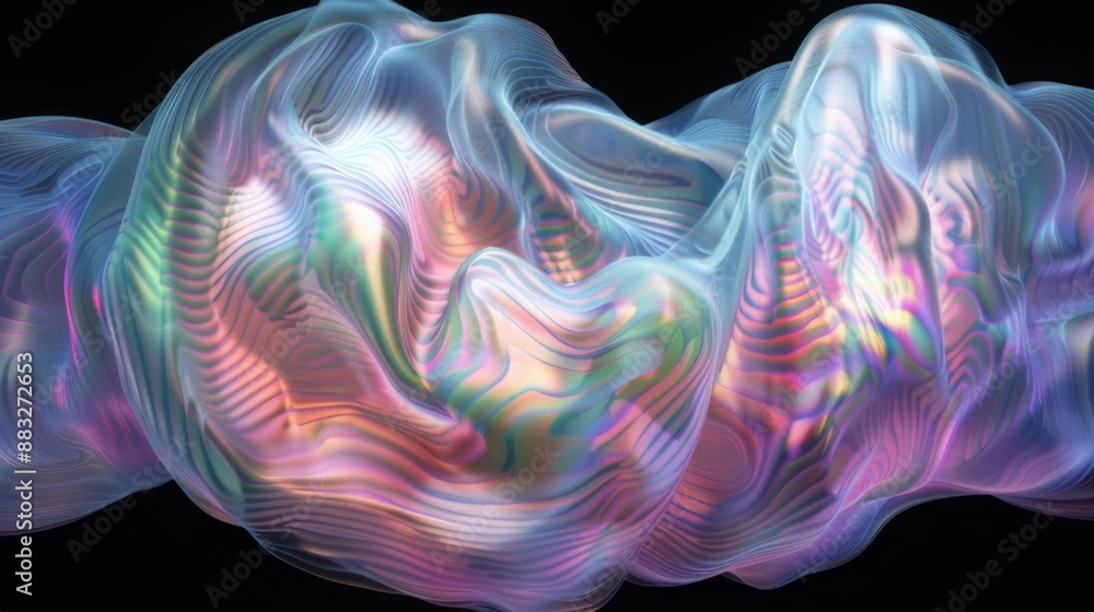Obraz premium Abstract Holographic iridescent rainbom Y2K fluid background. Lliquid gradient waves surface futuristic texture.Mental health holo modern aesthetic. Trendy Brutalism