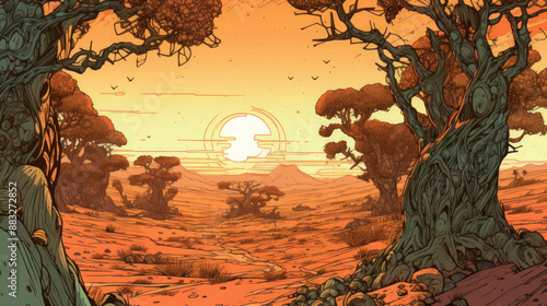 Alien desert landscape with giant trees and a binary sunset photo