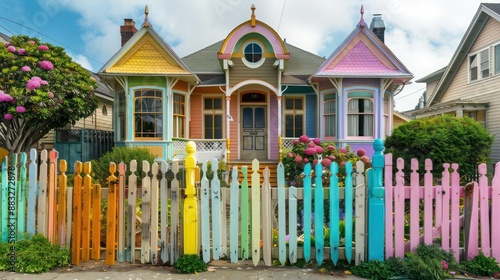 Suburban Victorian home with a colorfully painted wooden fence, each panel a different pastel shade, complementing the housea??s whimsical style photo