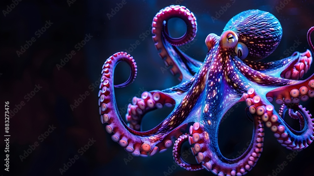 Naklejka premium Neon Glow Octopus Spreading Tentacles Against Dark Background